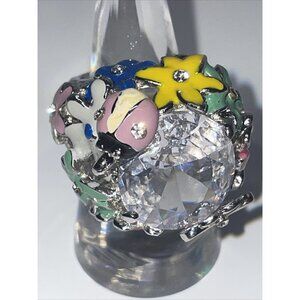 Glass Ladybug Flower Butterfly‎ Spring Silver Tone Clear Stone Ring Size 6.5